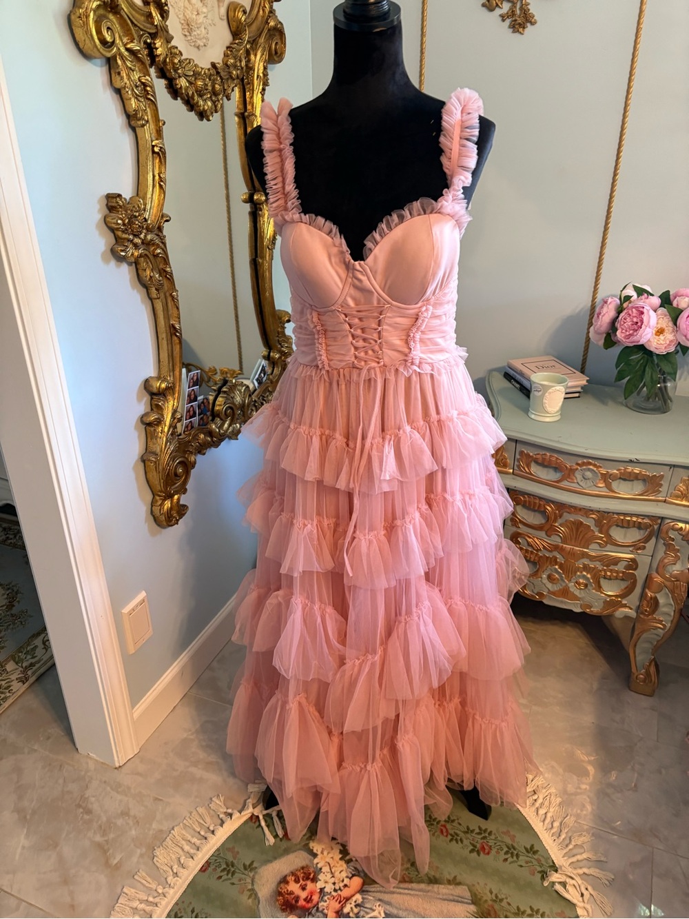 Pink Ruffled Tulle Maxi Dress